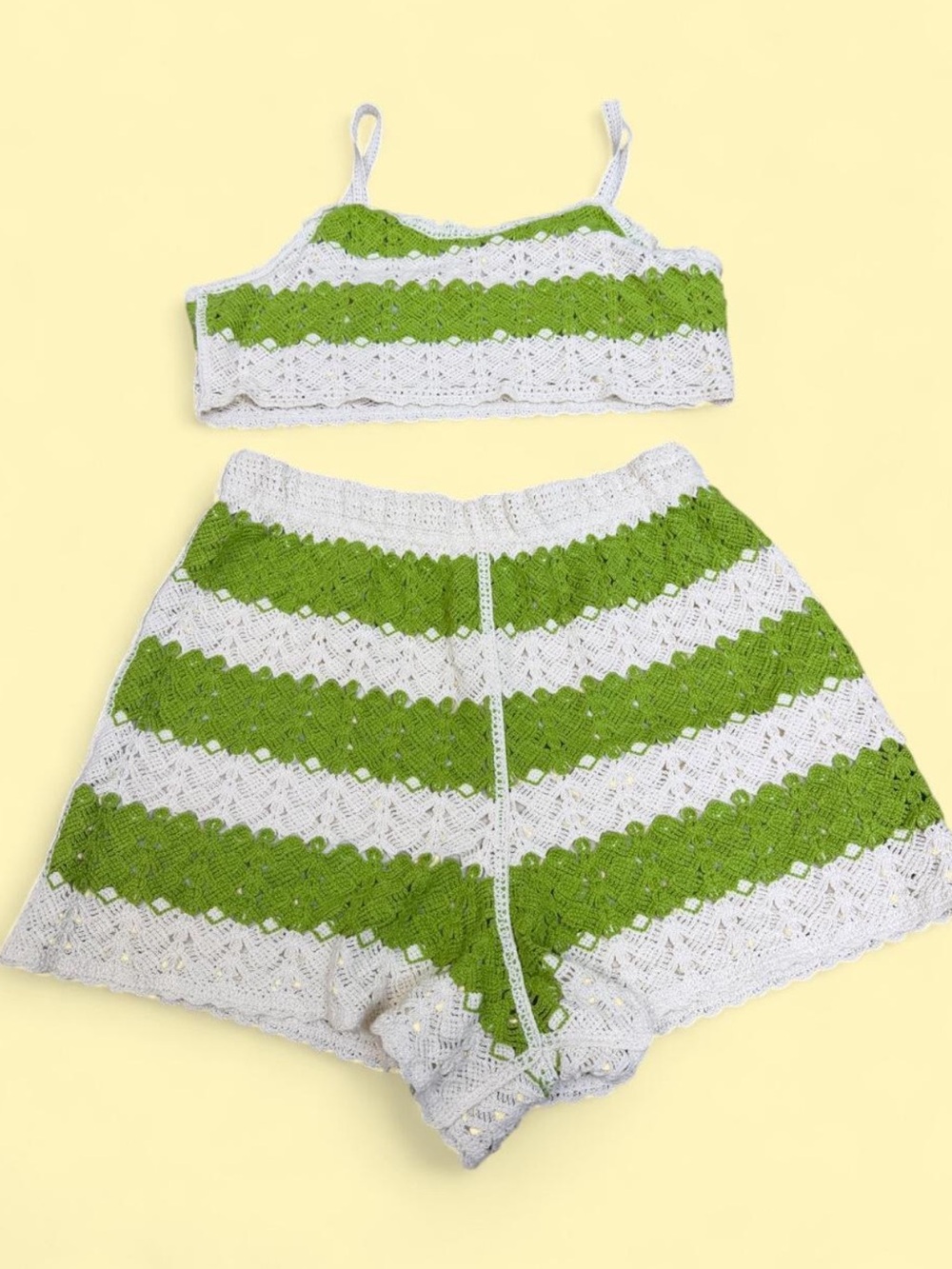 Green and White Crochet Two-Piece Set